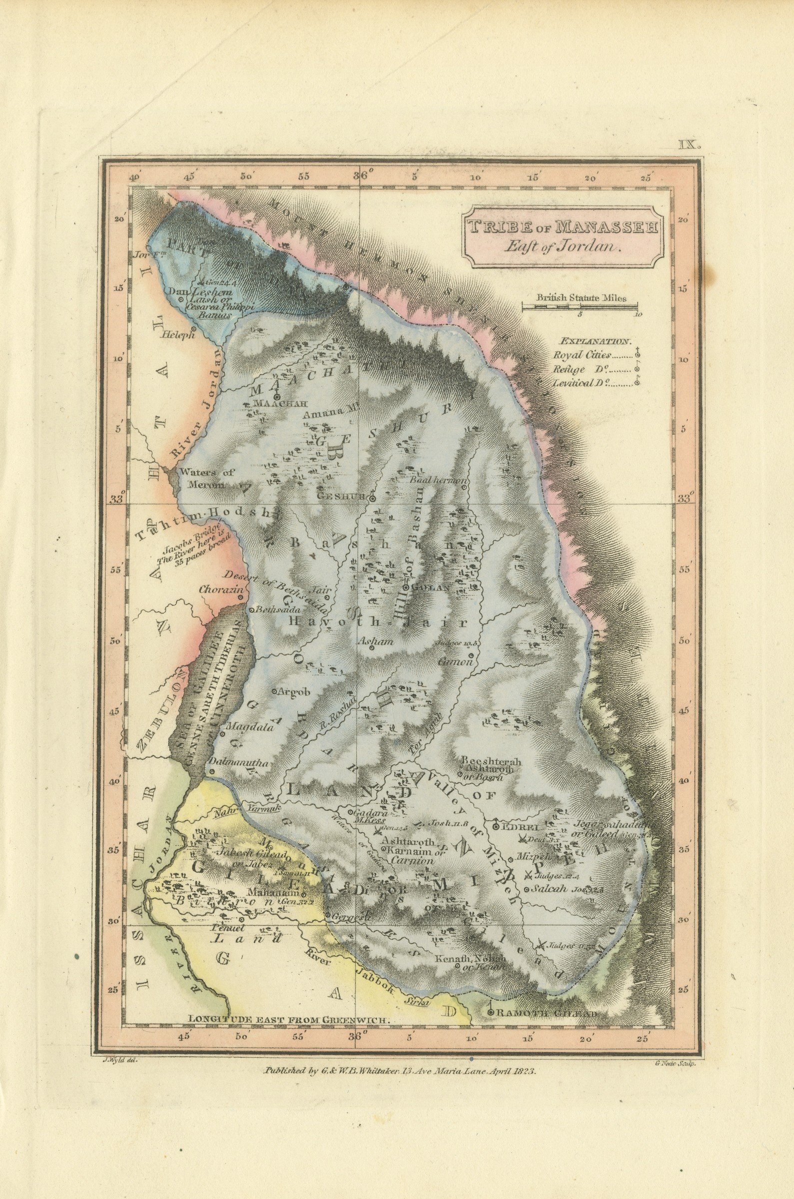 Tribe of Manasseh East of Jordan, Antique Hand-Colored Map, 1823