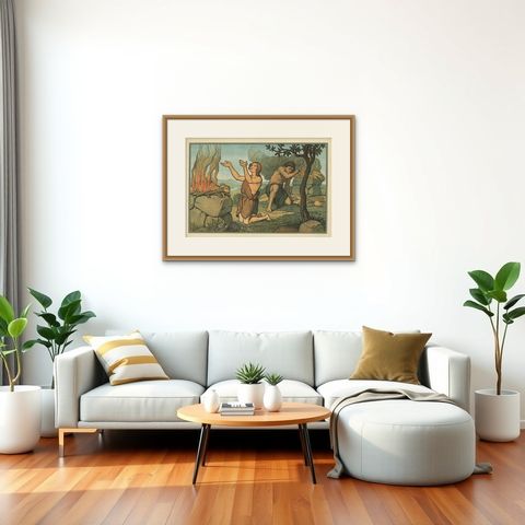 Antique Religion Print of Cain and Abel, 1913, shown framed in a room, true to size