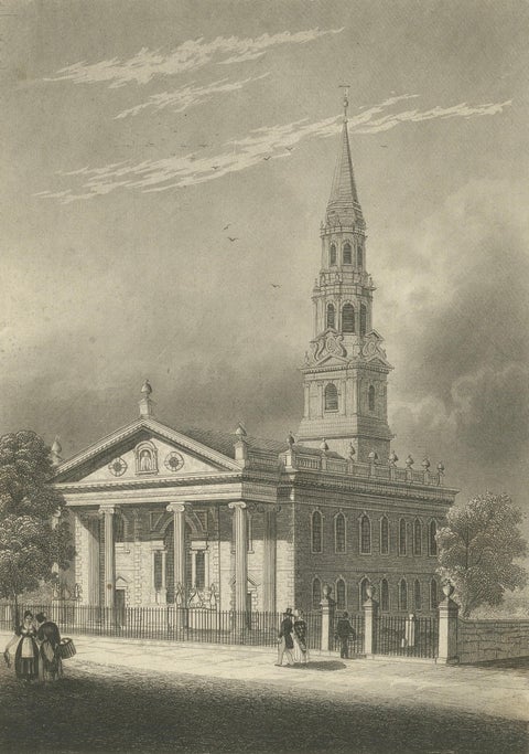 St Paul’s Broadway New York, Antique Engraving Church View, ca.1850, close-up 2