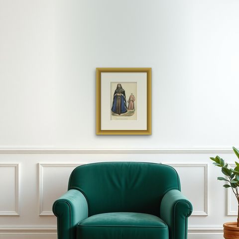 Antique Hand-Colored Print of a Greek Monk in Poland and a Slavonic Monk, c.1845, shown framed on a wall, true to size
