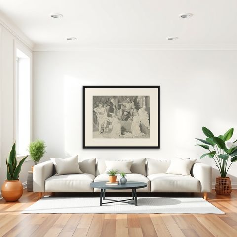 Old Print Depicting the Judgement of Solomon, Story of the Hebrew Bible, c.1890, shown framed in a room, true to size