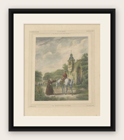 1835 Hand-Colored Lithograph: The Crusaders’ Departure for the Holy Land, shown framed