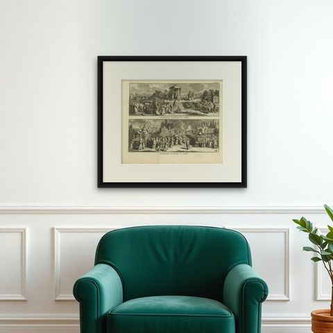 Antique Print of Japanese Wedding and Funeral Ceremonies by B. Picart, c.1730, shown framed on a wall, true to size