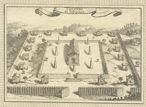 Engraving of Thai Buddhist Temple and Monastery in Ayutthaya, Siam, 1751, close-up 3