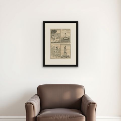 Indian Brahmin Penitents and Pilgrim, Rare 18th Century Ritual Engraving, 1734, shown framed on a wall, true to size