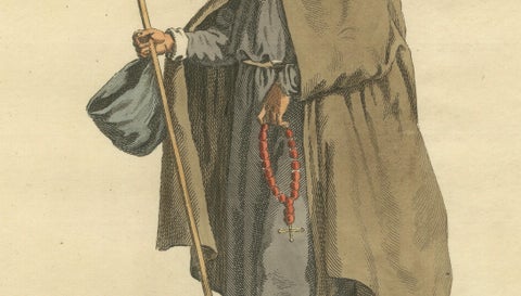 Mendicant Religious Costume Engraving, Pilgrim Monk, 1588, Published in 1749, close-up 6