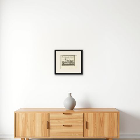 Antique Print of the Church of Heemskerk in The Netherlands, c.1730, shown framed on a wall, true to size