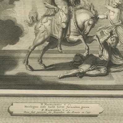 Heliodorus Scourged and Armies in the Sky over Jerusalem, Mortier, circa 1700, close-up 2