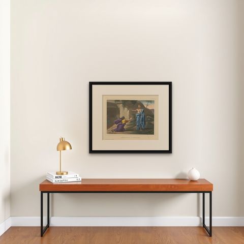 Antique Religious Print 'No. 39' the Appearance to Mary Magdalene, circa 1840, shown framed on a wall, true to size