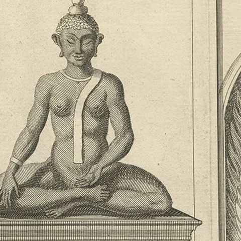 Antique Print of Statues of Buddha and Siamese Deities by A. van der Laan, 1739, close-up 2