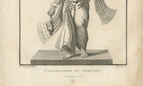 Unique 1806 Vamana Vishnu Dwarf Avatar Antique Print, Hindu Engraving, close-up 2
