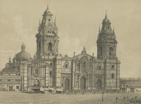 Antique lithograph views of the Cathedral and La Merced Church, Lima, 1865, close-up 1
