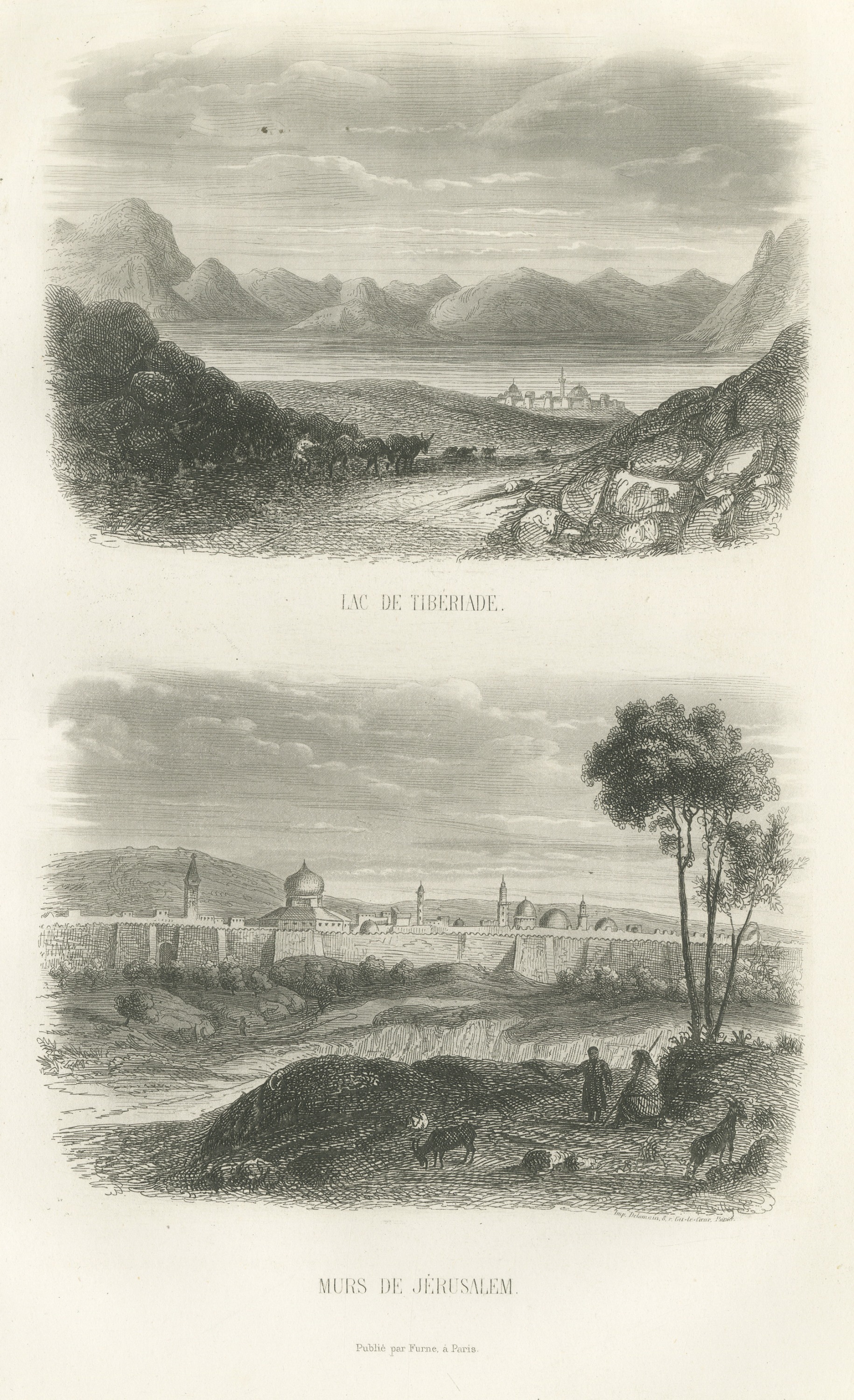 Sea of Galilee at Tiberias and Walls of Jerusalem, Antique Print, 1859