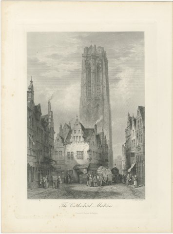 Malines Cathedral, Belgium, Antique Steel Engraving by J.J. Crew, circa 1877, view 2