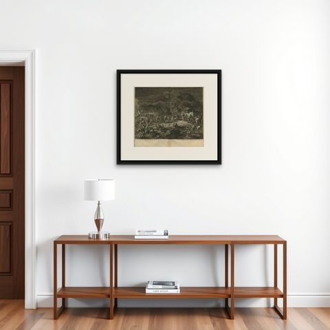 Antique Bible Print Peter Cuts off the Ear of Malchus, 1743, shown framed on a wall, true to size