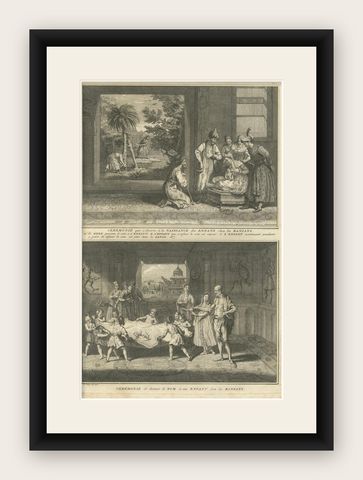 Birth and Naming Rituals of the Banians, Rare 1734 Indian Custom Engraving, shown framed