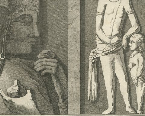 Sculptures of the Elephanta Caves at Stations 1 to 3, Antique Print, 1780, close-up 2