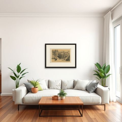 Old Lithograph depicting the Greek Chapel of the Holy Sepulchre, 1845, shown framed in a room, true to size