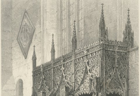 Tomb of the Howards, Arundel, Antique Steel Engraving after S. Read, circa 1876, close-up 1