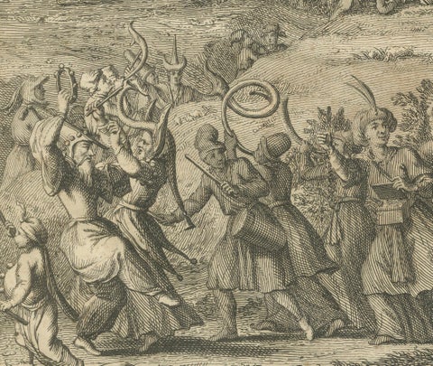 Procession of Ganga and Festival of Huly, Antique 18th Century India Engraving, close-up 2