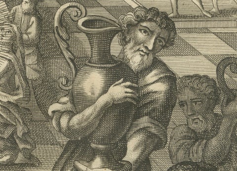 Christ Turns Water into Wine Engraving, John II Wedding at Cana c.1735, close-up 3