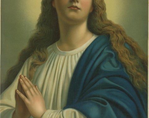 Holy Mary in Prayer, Antique German Marian Chromolithograph, 1904, close-up 1