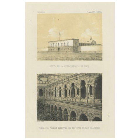 Antique lithograph views of Lima, Penitentiary & San Francisco Convent, 1865