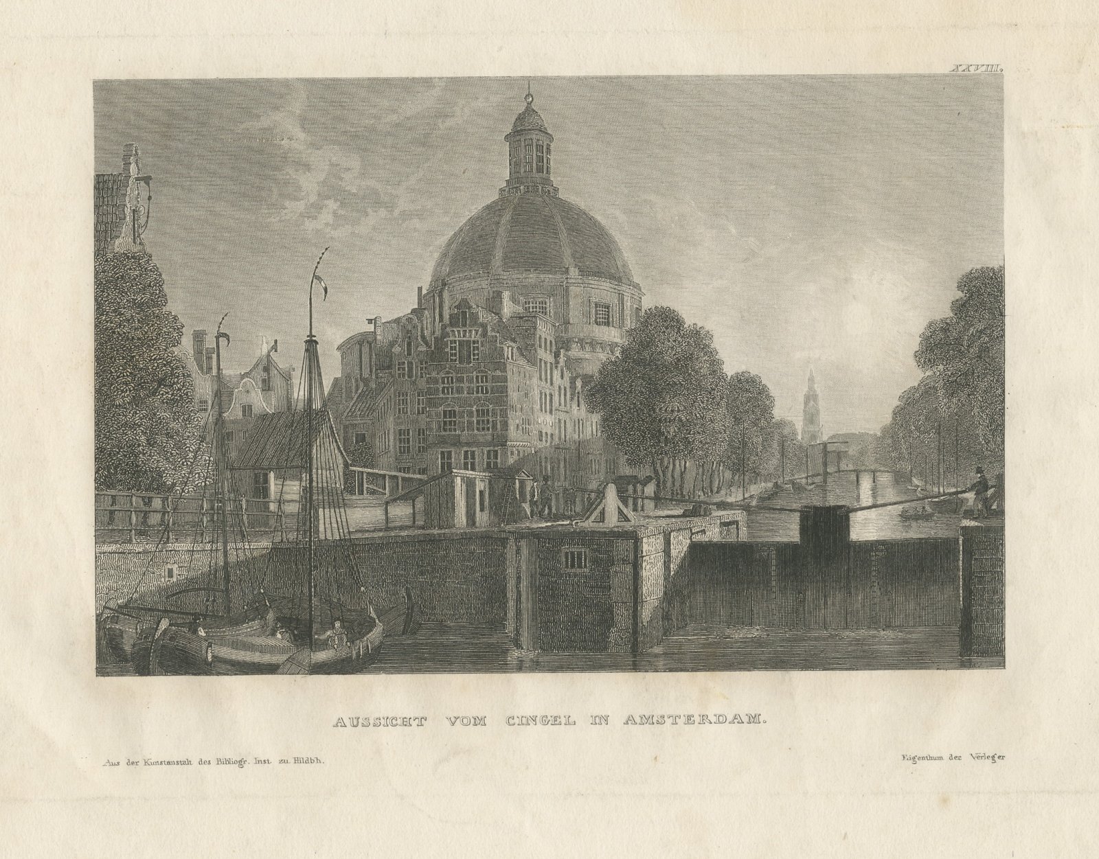 Singel and Round Lutheran Church, Amsterdam, Antique Steel Engraving, c. 1835
