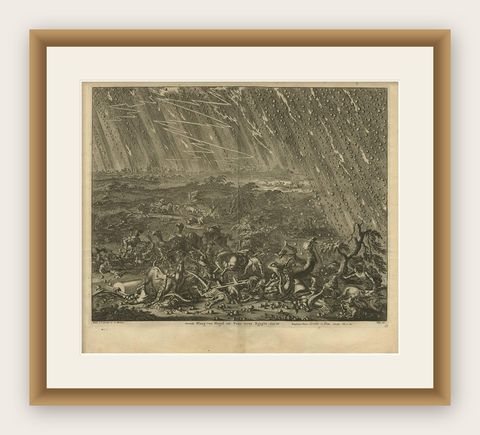 Antique Bible Print Seventh Plague of Egypt by J. Luyken, 1743, shown framed