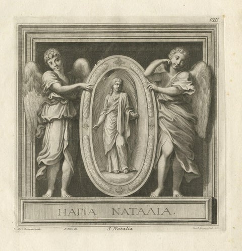 Original Antique Engraving of Saint Natalie, 1762, close-up 1