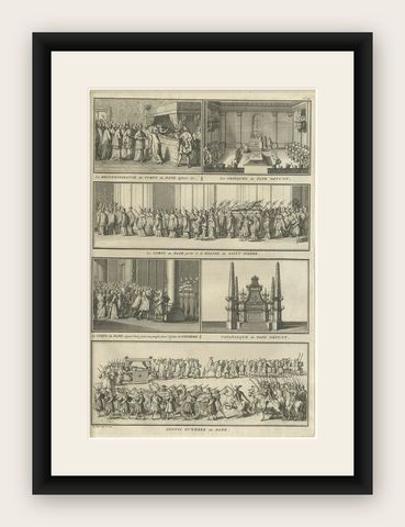 Antique Religion Print Showing Rituals & Ceremonies for the Death of a Pope 1724, shown framed