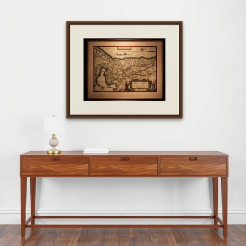 Blaeu Holy Land Map, Terra Sancta Palestina, Figural Cartouche, 1642, shown framed on a wall, true to size