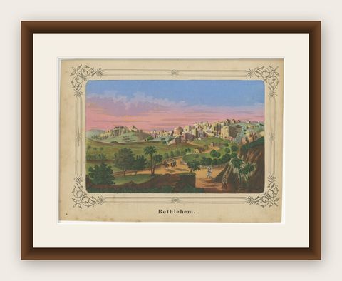 Romantic Antique View of Bethlehem Holy Land under a Pink Sunset, ca. 1850, shown framed