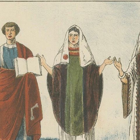Early Christian Period Costume Plate, Antique Hand-Colored Print c.1880, close-up 4