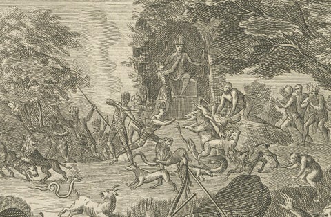 Quetzalcoatl Worship and Hunting Deity, Rare 1734 Engraving of Aztec Rituals, close-up 1