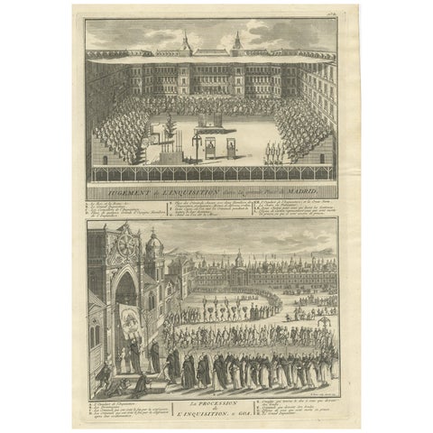 Antique Print of Spanish Inquisitions in Madrid and Goa by Picart, 1723