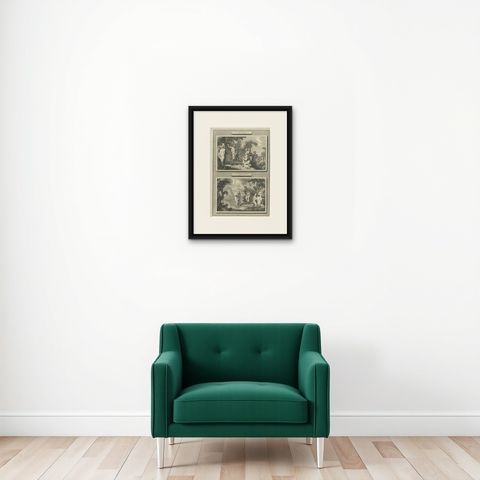 John the Baptist & Baptism of Christ, Pieter Mortier Engraving, ca.1700, shown framed on a wall, true to size