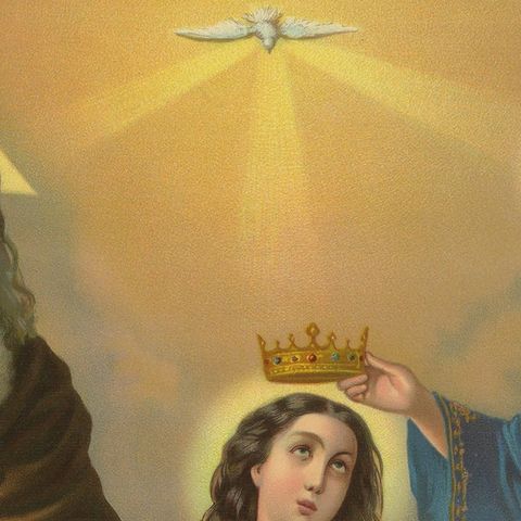 Antique Coronation of Mary Religious Chromolithograph with Gold, c. 1900, close-up 4