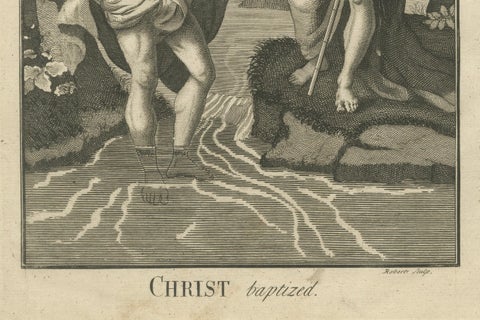 Set of Biblical Engravings, Adoration, Flight to Egypt & Christ’s Baptism, 1735, close-up 1