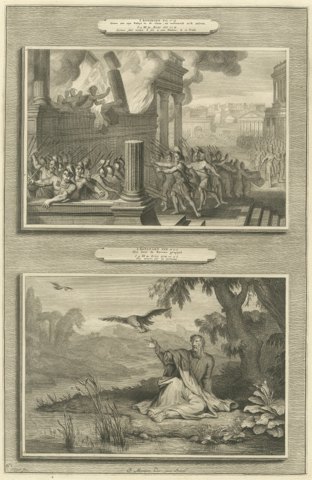 Zimri Burns His Palace and Elijah Fed by the Ravens, Pieter Mortier, circa 1700