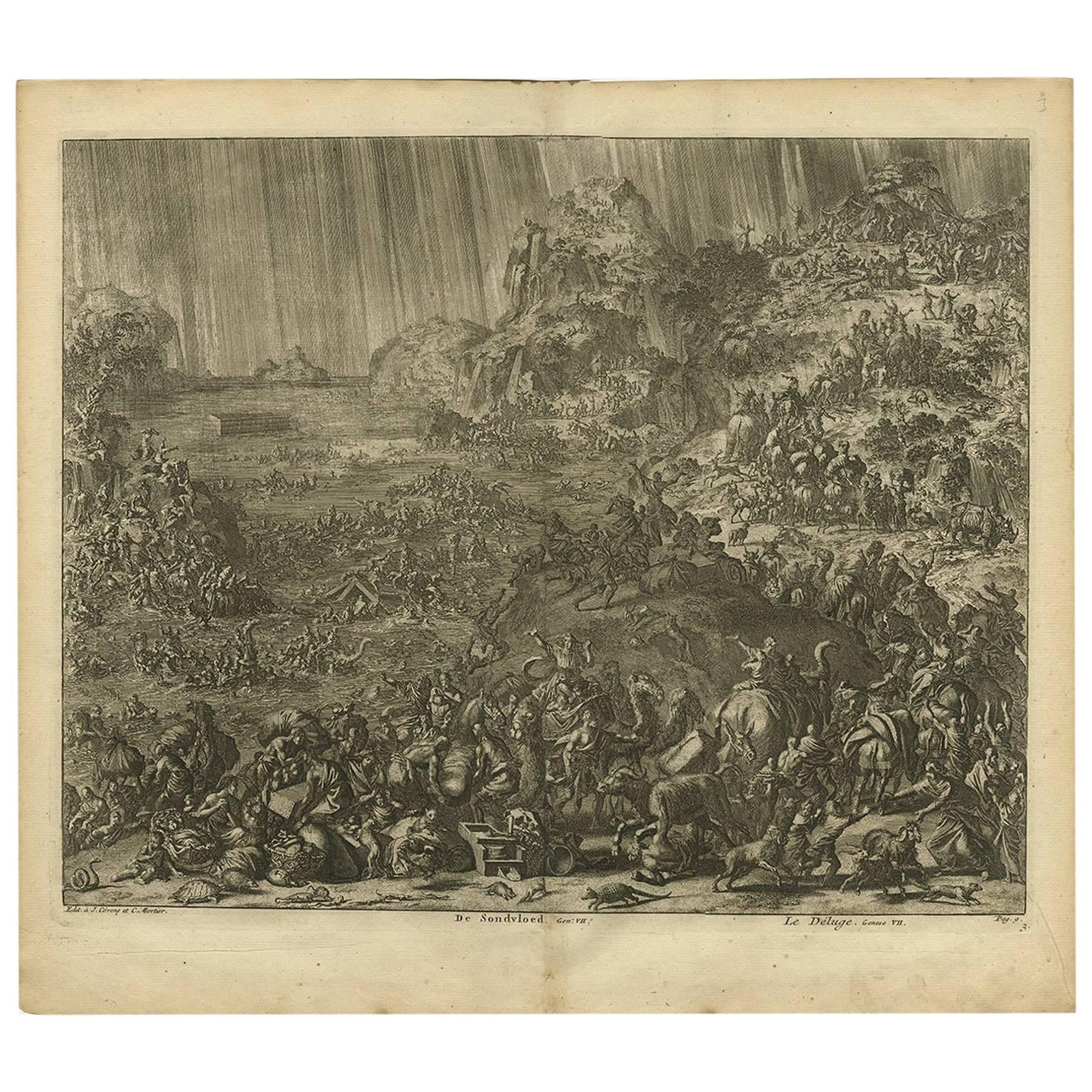 Antique Bible Print The great Flood by J. Luyken, 1743