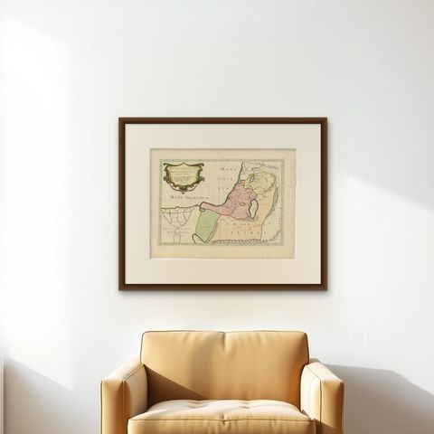 17th-Century Map of the Latin Patriarchate of Jerusalem by Melchior Tavernier, shown framed on a wall, true to size