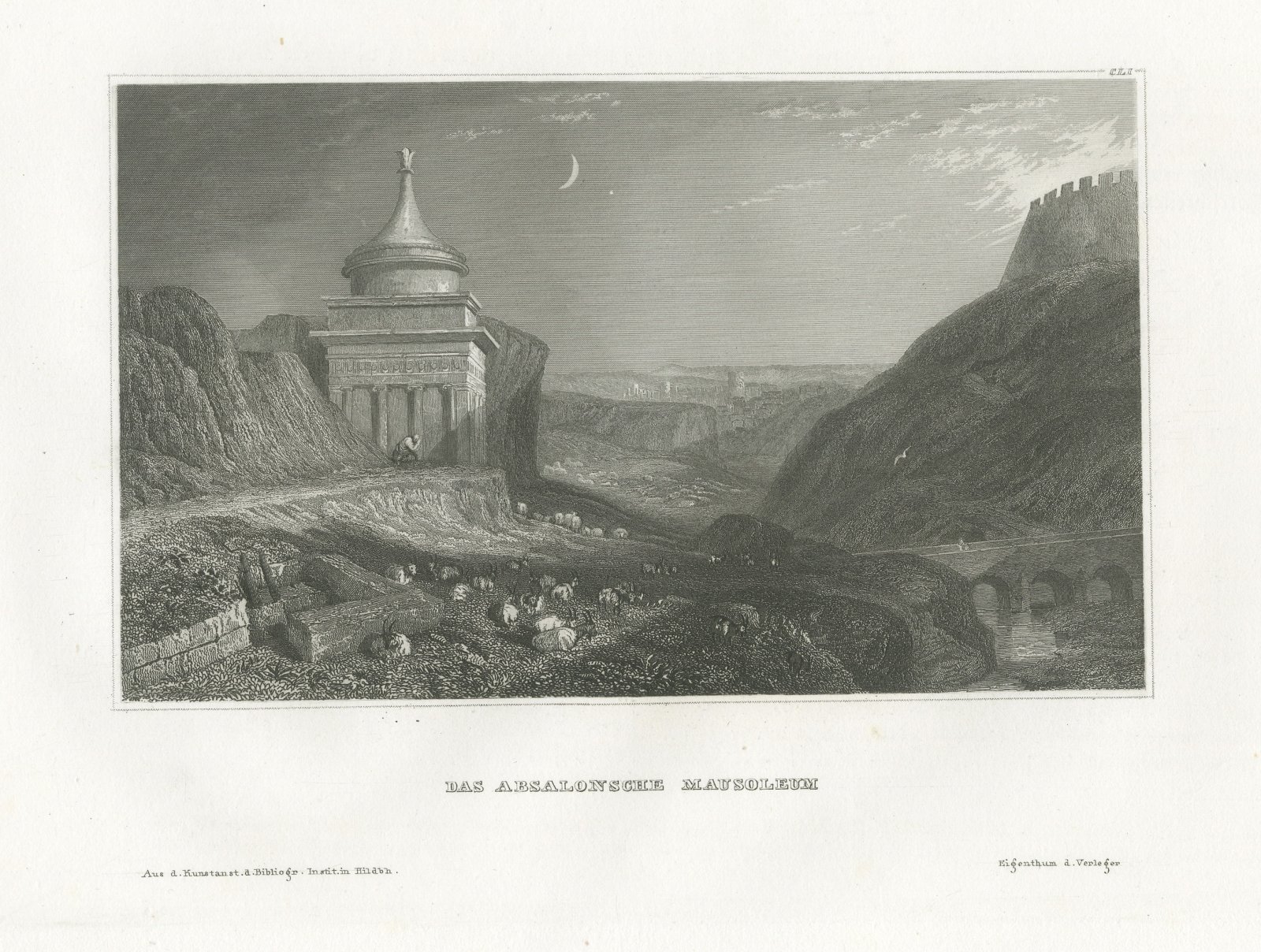 Antique View of Absalom's Tomb, Jerusalem, Steel Engraving, circa 1850