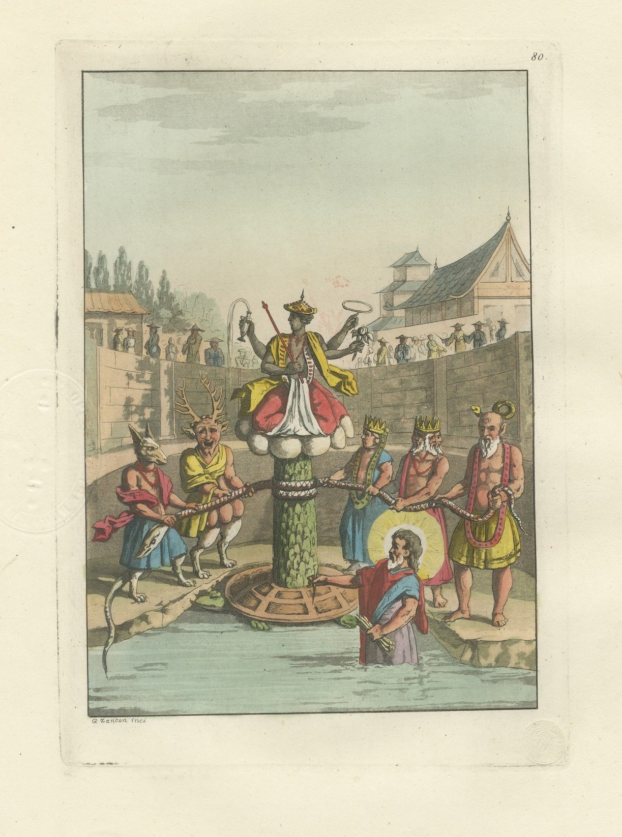 Original Antique Hindu Mythology, Churning of the Ocean, Ferrario, 1815