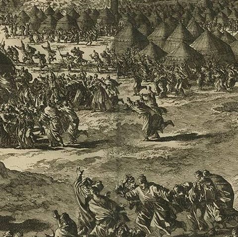 Antique Bible Print the Punishment of Korah, Dathan and Abiram by J. Luyken, close-up 2