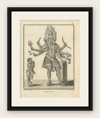 Rare Engraving of Hindu Deity Virapatrin, Antique Print Published in 1806, shown framed