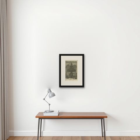 Old Print Depicting the Preacher's Pulpit of a Church in Amsterdam, 1765, shown framed on a wall, true to size