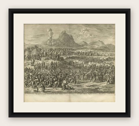 Antique Bible Print Children of Israel gathering the Manna by J. Luyken, 1743, shown framed