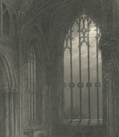 Melrose Abbey, Scotland, Antique Steel Engraving after Birket Foster, circa 1876, close-up 3