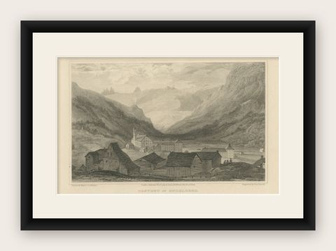 Antique Print of the Convent of Engelberg, Switzerland, shown framed